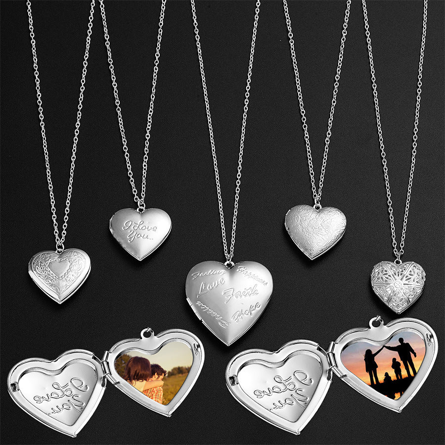 Carved Design Love Necklace Personalized Heart-shaped Photo Frame Pendant Necklace For Women Family Jewelry For Valentine&
