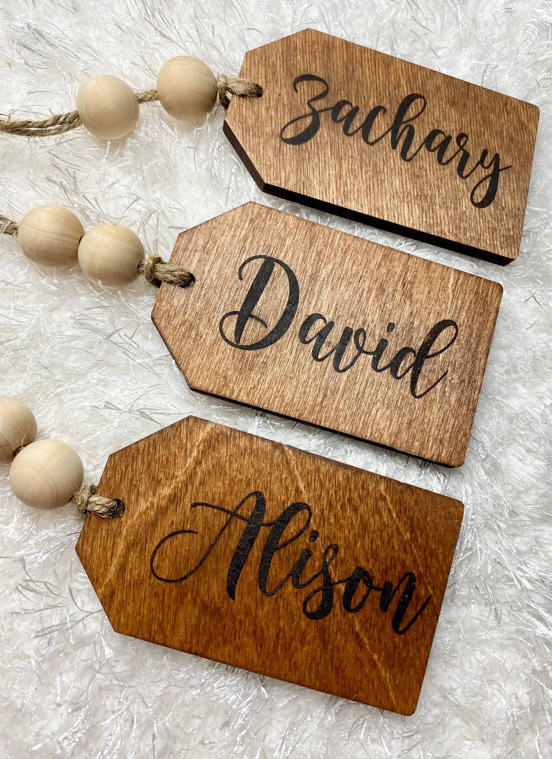 Personalized wooden gift tags, wood stocking tags, tiered tray decor,